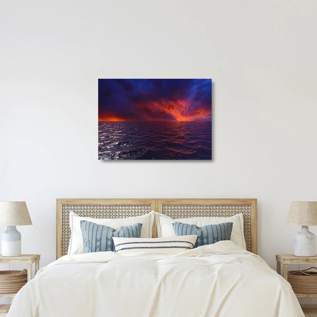 Tablou pe sticlă cu mare și păsări (70x50 cm)