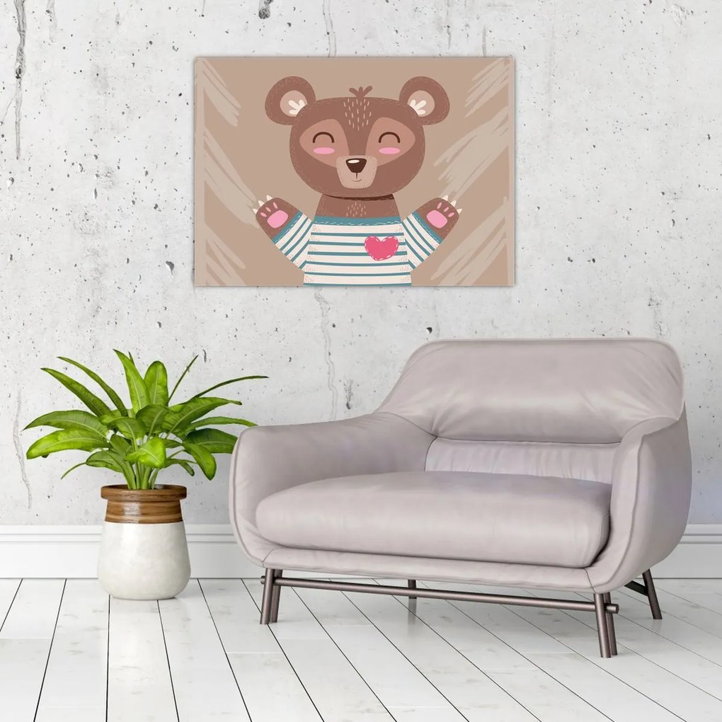 Tablou pe sticlă - Ursuleț de pluș în tricou cu dungi (70x50 cm)