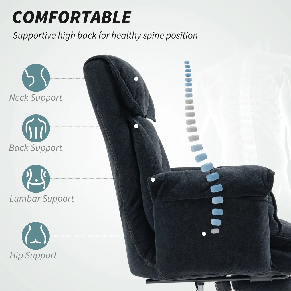 HOMCOM Scaun de Birou Directorial în Catifea cu Suport pentru Picioare și Spumă de Înaltă Reziliență, Fotoliu de Birou Reclinabil cu Spătar Înalt, Brațe Îmbunătățite, Înălțime Reglabilă și Roți, Negru | Aosom Romania