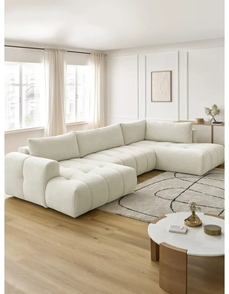 Colțar bej extensibil/cu spațiu de depozitare (cu colț pe partea dreaptă/în formă de "U") Fuji – Bobochic Paris