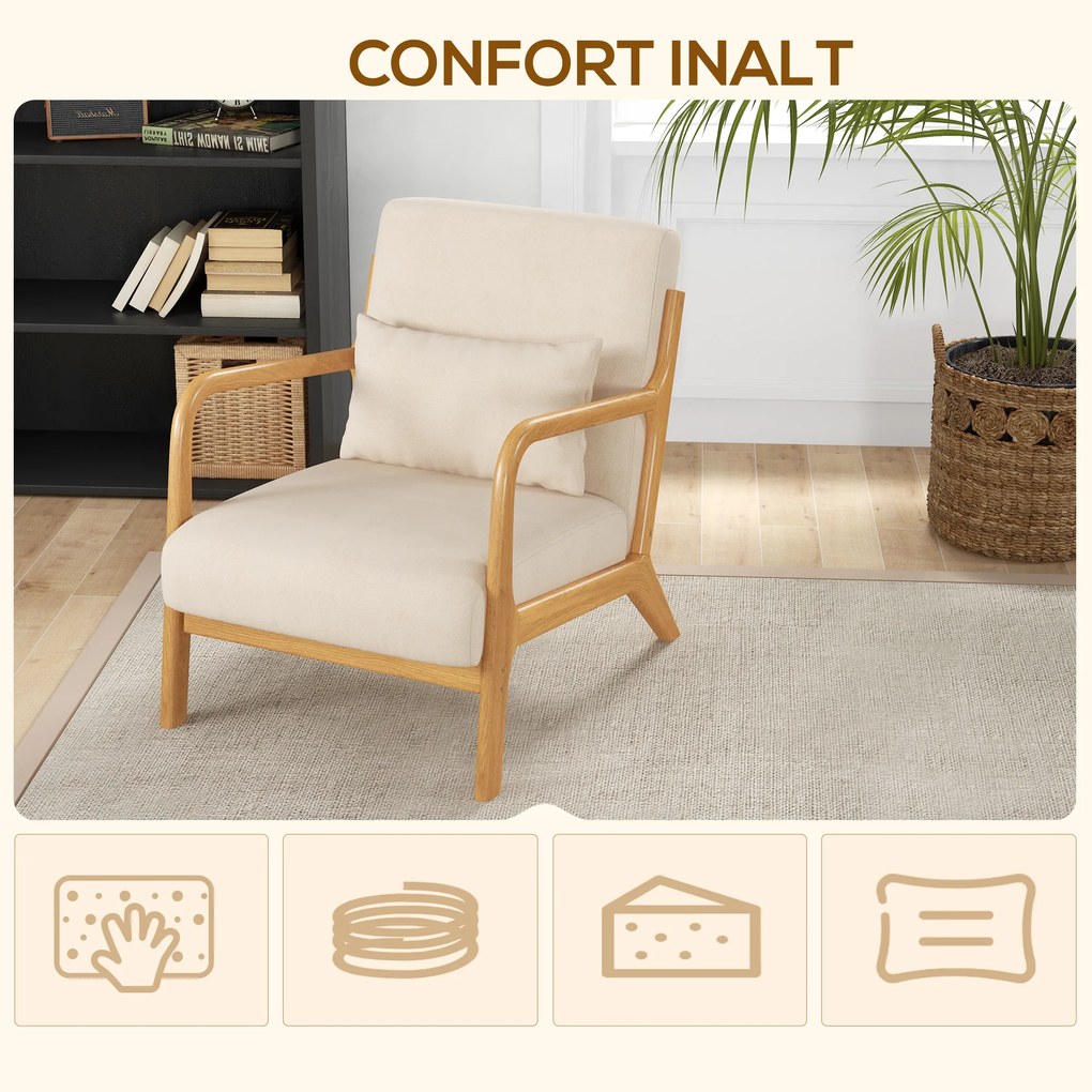 HOMCOM Fotoliu din catifea cu structură din lemn, cu umplutură din arcuri în formă de S și pernă, 61x78x76 cm, Bej | Aosom Romania