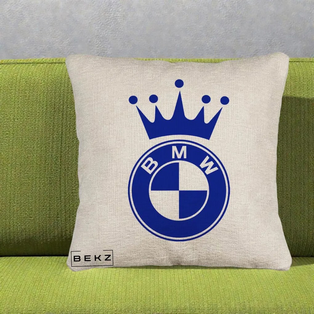 Perna Personalizata cu emblema BMW si Coroana, 40x40 cm, Bej Canapea, Husa Detasabila, Perna Inclusa, BEKZ®
