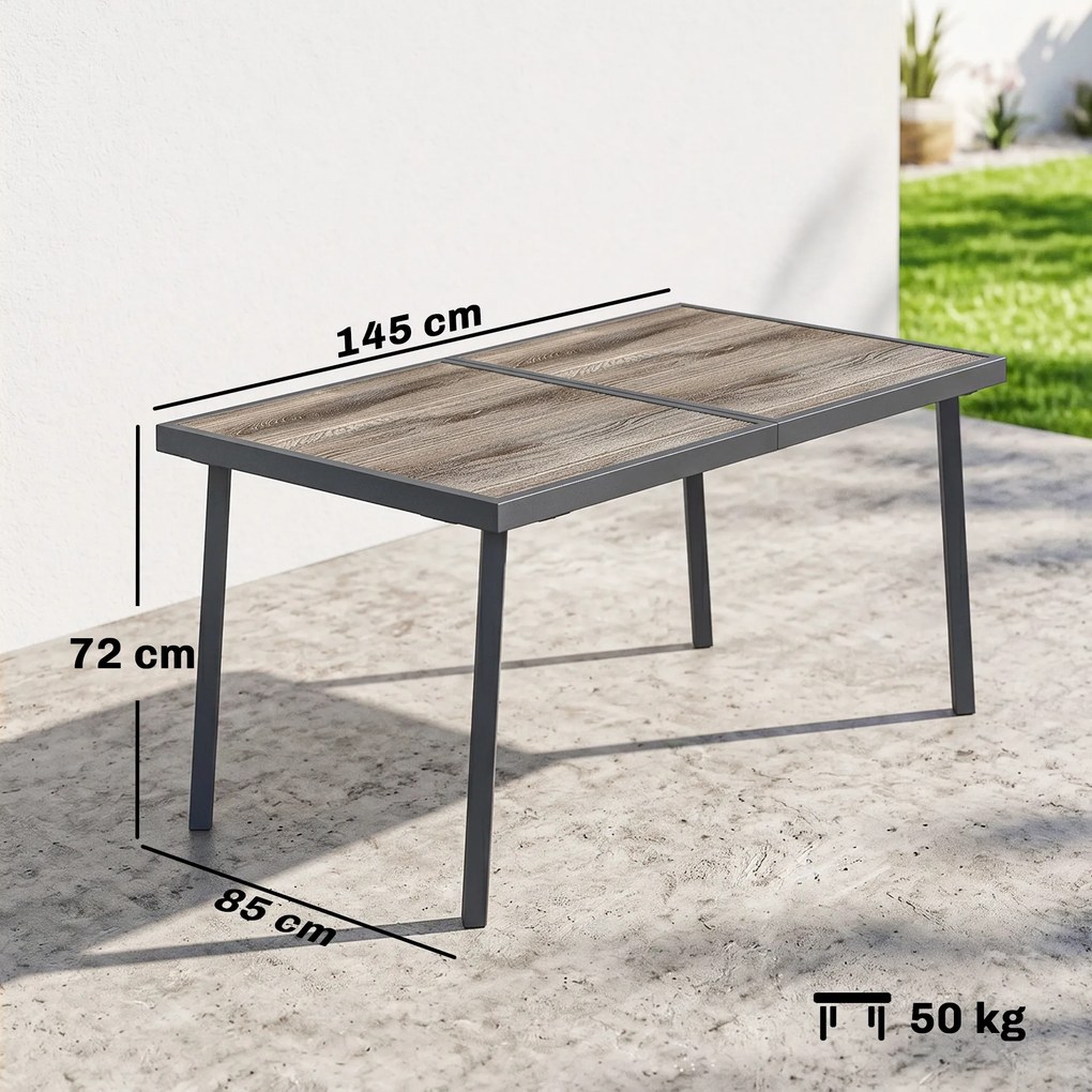 Outsunny Masă de Patio, Masă de Balcon, Masă de Dining pentru Exterior 145 x 85 cm pentru 6 Persoane cu Efect de Lemn, Cadrul din Oțel, Gri | Aosom Romania