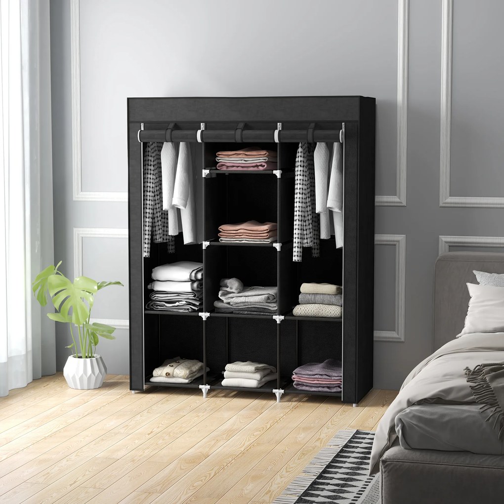 HOMCOM Dulap din Material Textil cu Bază Înălțată, 8 Rafturi și 2 Bare, 125x43x162.5 cm, Gri Închis | Aosom Romania