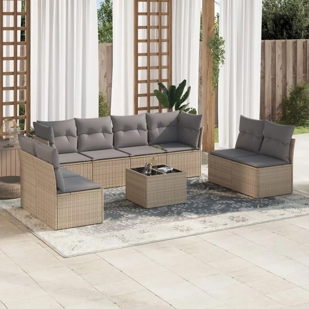 vidaXL Set canapele de grădină, 9 piese, cu perne, bej, poliratan