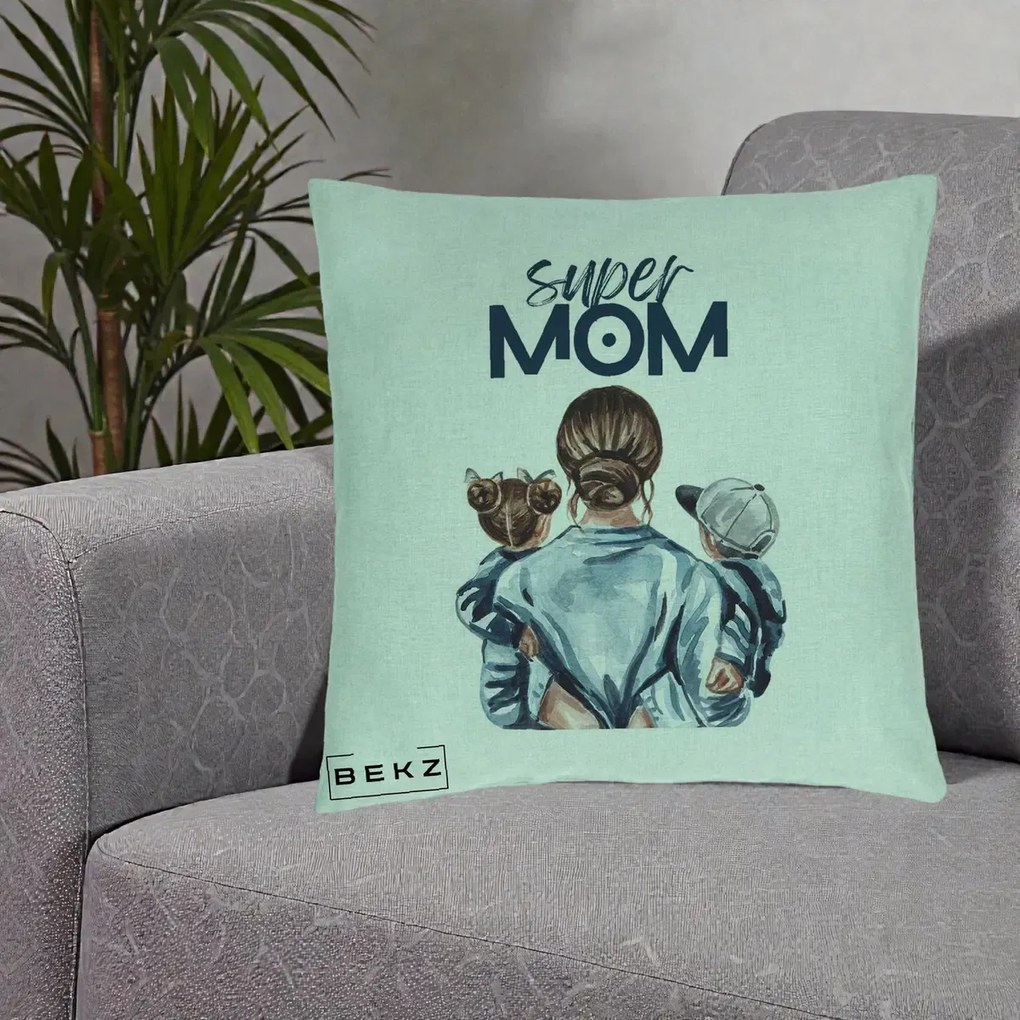 Cadou pentru Mama - Perna Personalizata Super Mom, 40x40 cm, Verde Menta, Husa Detasabila, Perna Inclusa, BEKZ®