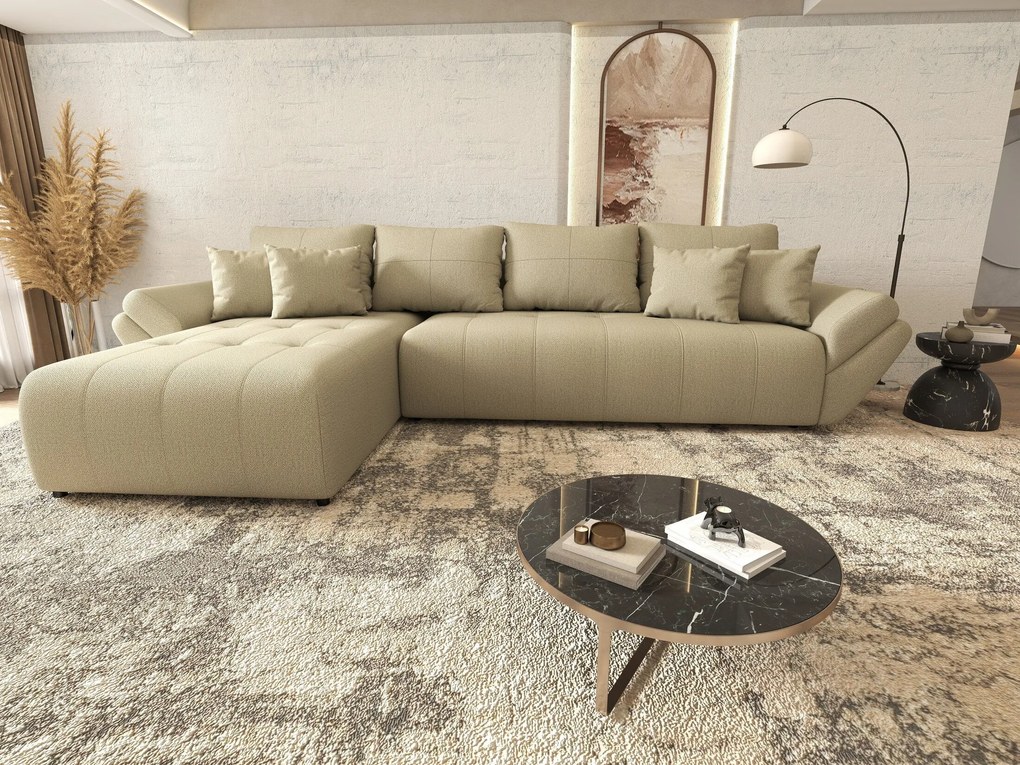 Colțar extensibil dumonde cu ladă de depozitare si sezut confortabil din spuma high-density, Berlin XL Enjoy Camel 350x185 cm