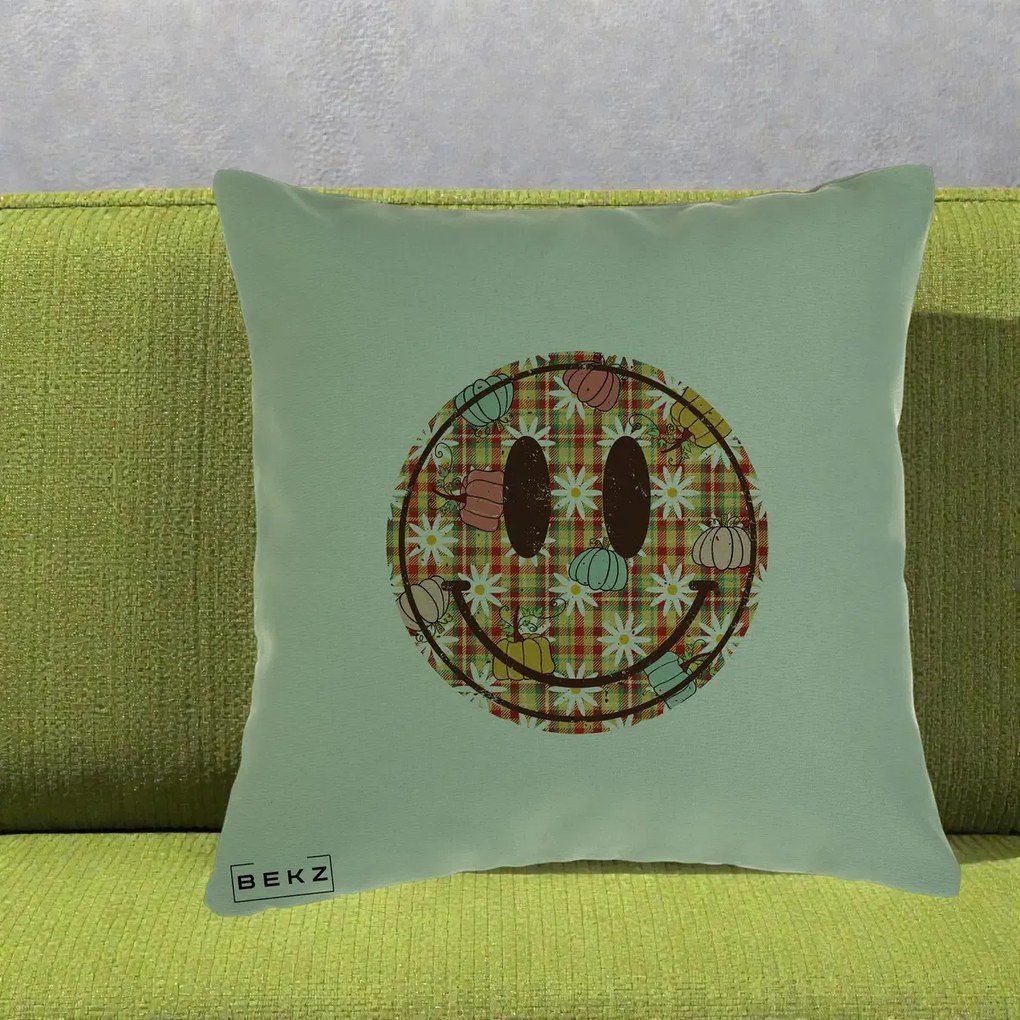 Perna Decorativa Smiley Face de Toamna cu Tartan si Dovlecei, 40x40 cm, Verde, Husa Detasabila, Perna Inclusa, BEKZ®