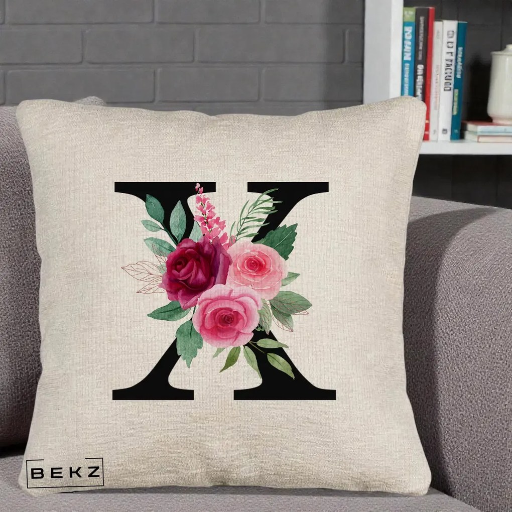Cadou Personalizat - Perna Personalizata Monograma Florala Litera X cu Buchet, 40x40 cm, Bej Canapea, Husa Detasabila, Perna Inclusa, BEKZ®