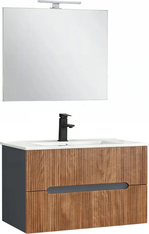 Trent Mobilier de baie 80 cm lavoar ceramic (2 sertare) cu oglindă 60x80 cm gri antracit - stejar apus de soare