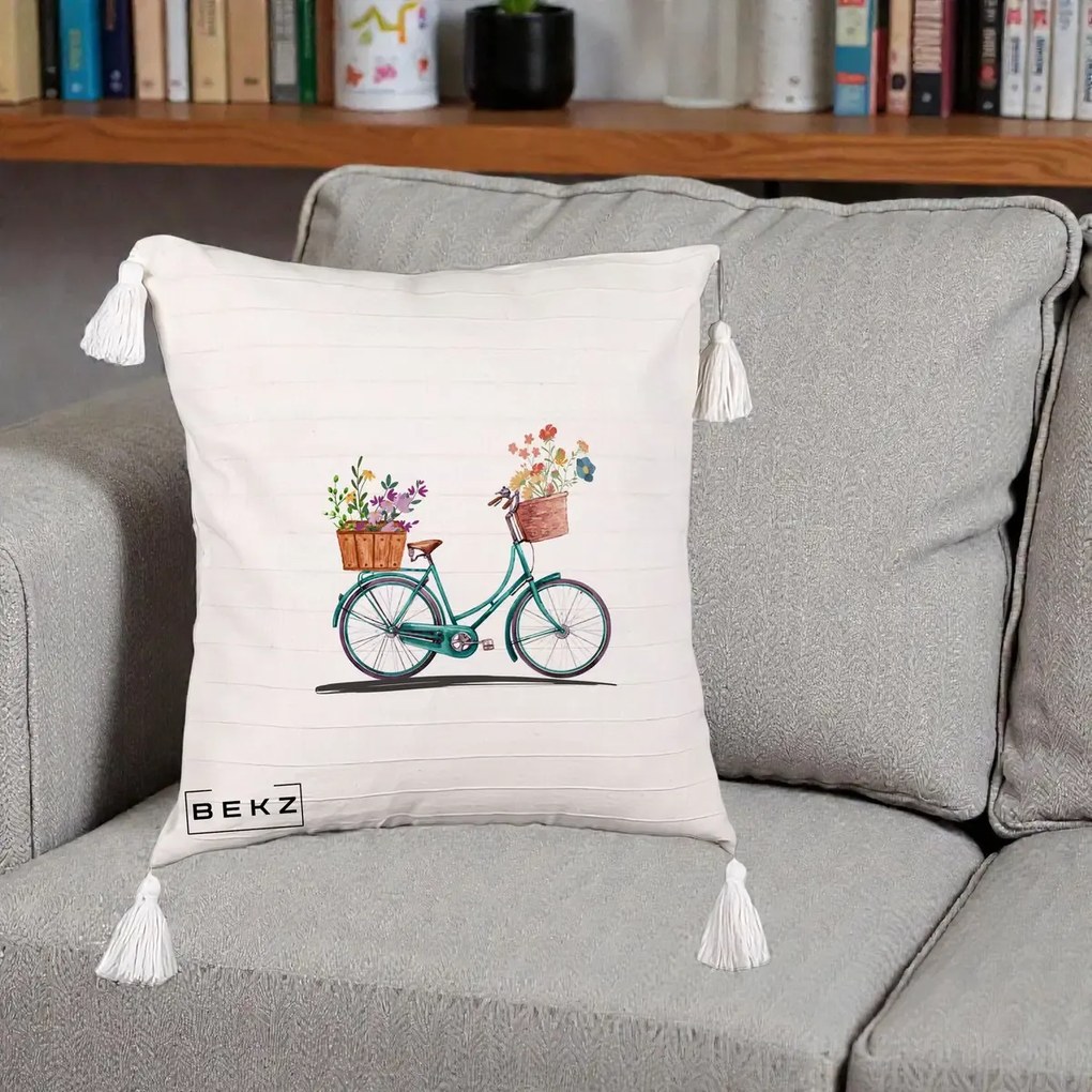 Perna Decorativa Bicicleta Florala Turcoaz Acuarela, 40x40 cm, Bej cu Franjuri, Husa Detasabila, Perna Inclusa, BEKZ®