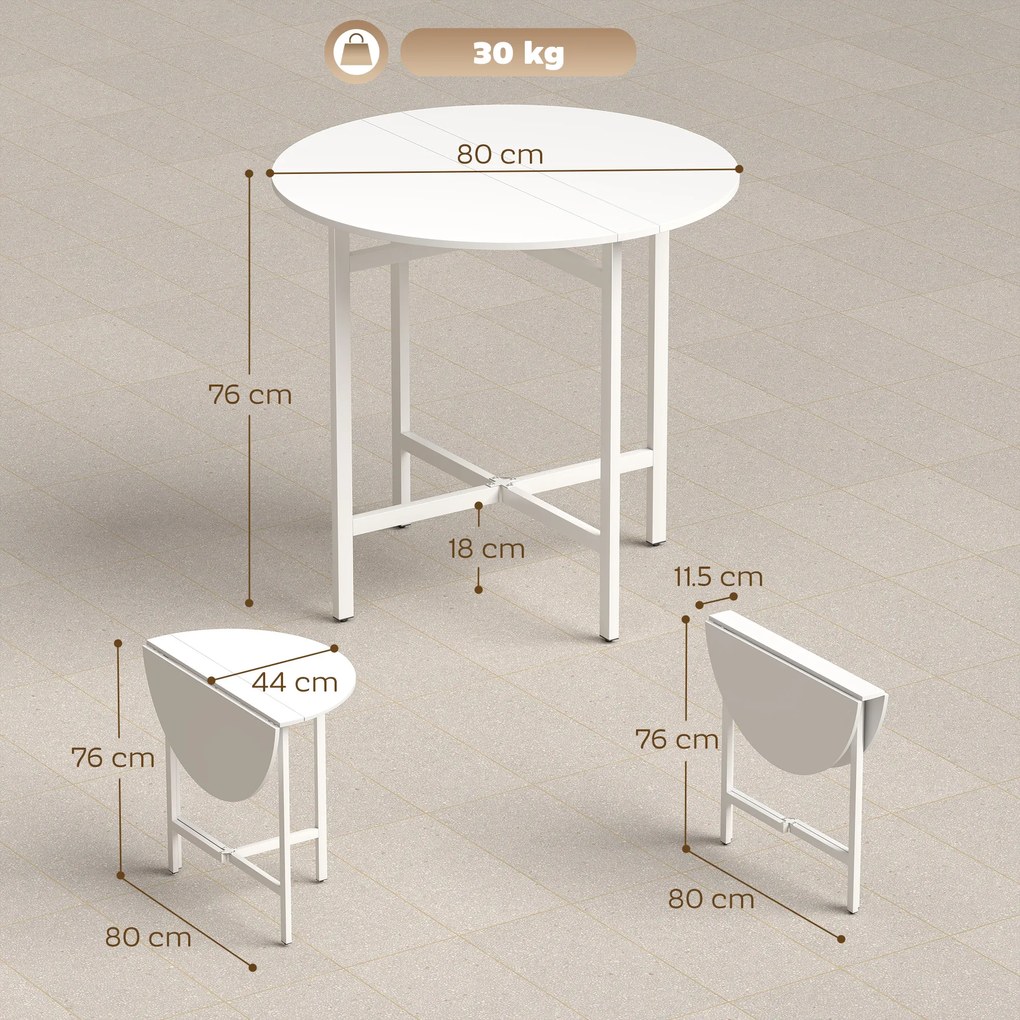 HOMCOM Masă de sufragerie pliabilă, masă de bucătărie rotundă Ø 80 cm pentru 4 persoane cu 2 extensii, picioare din oțel, alb | Aosom Romania