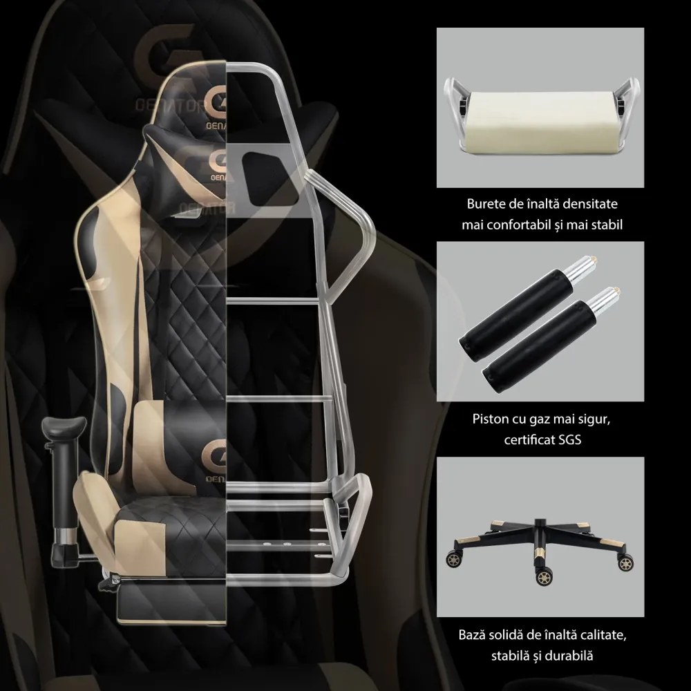 Scaun gaming cu masaj în perna lombară, sezut benzi elastice sustinere, cotiere 3D, suport picioare, funcție sezlong, Negru/Auriu