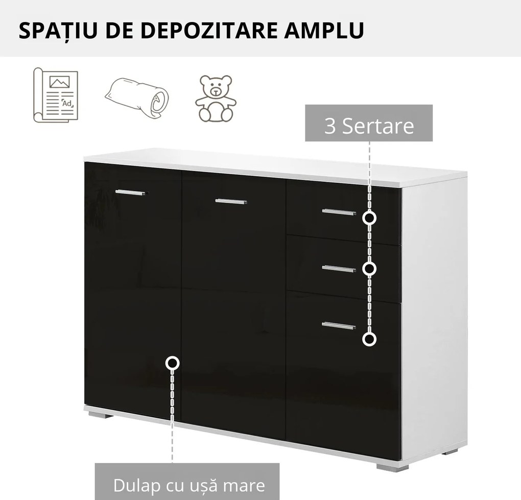 HOMCOM Consolă Multiuz, Dulap cu Uși și Sertare, Design Lucios, Negru | Aosom Romania