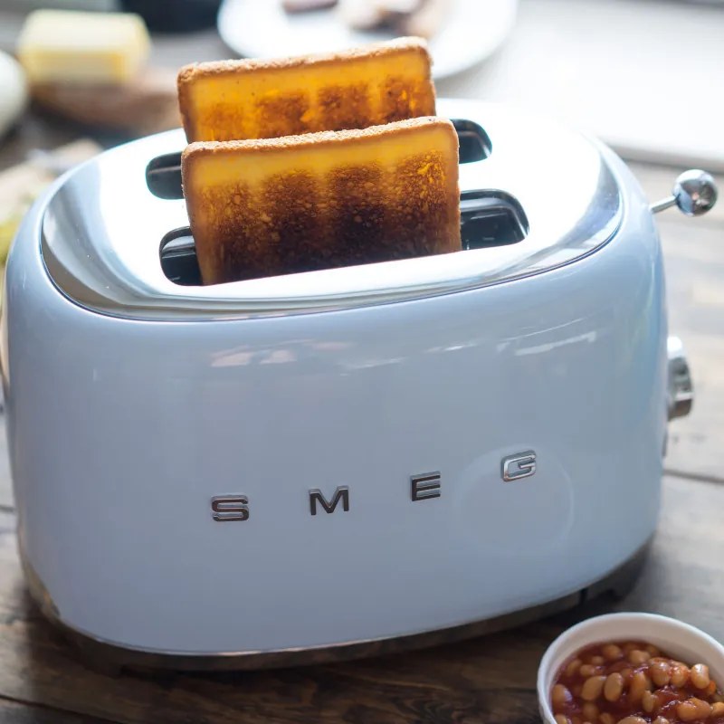 Prajitor de paine SMEG 50's Style TSF01PBEU, 950 W, 2 felii, 6 trepte, Tava pentru firimituri, Cablu integrat, Otel inoxidabil, Albastru