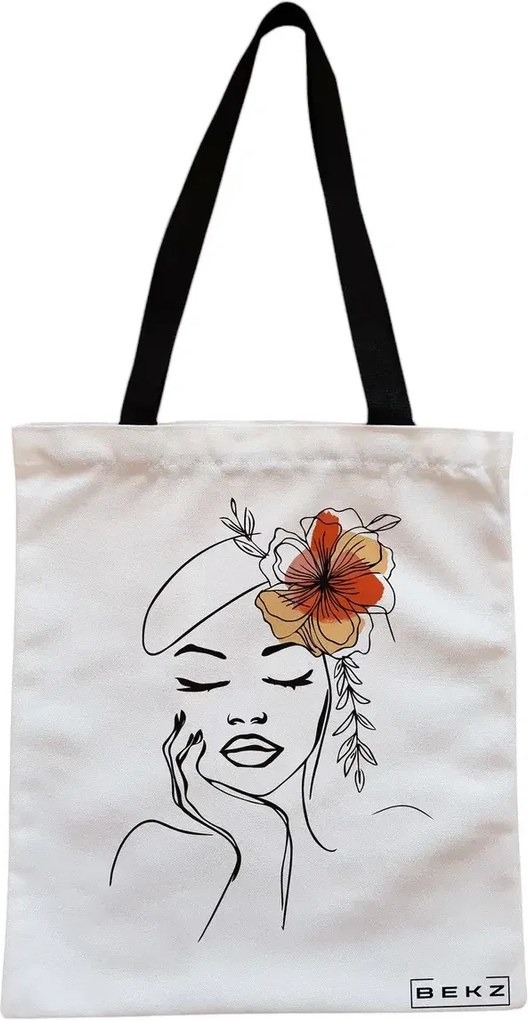 Sacosa de Panza pentru Cumparaturi, Geanta Tote, Flower Lady 13, Cu fermoar, 38x34.5 cm, Alba, BEKZ®