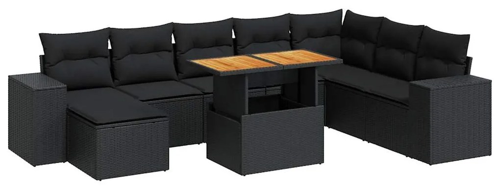 3327408 vidaXL Set mobilier grădină perne 9 piese negru poliratan/lemn acacia