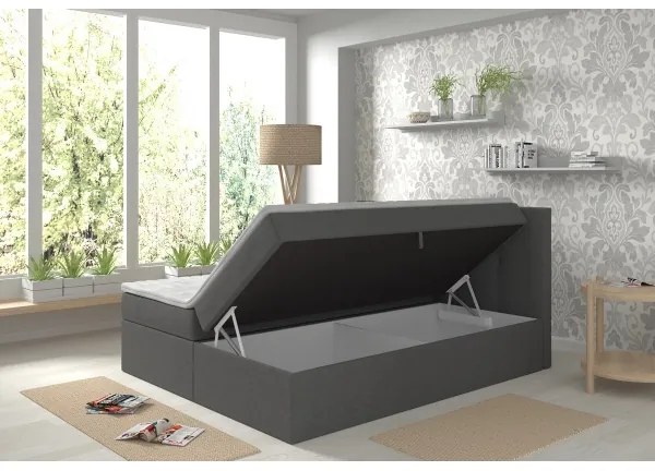 Pat tapițat EMBER 180x200 cm, antracit, cu saltele, topper și spațiu de depozitare