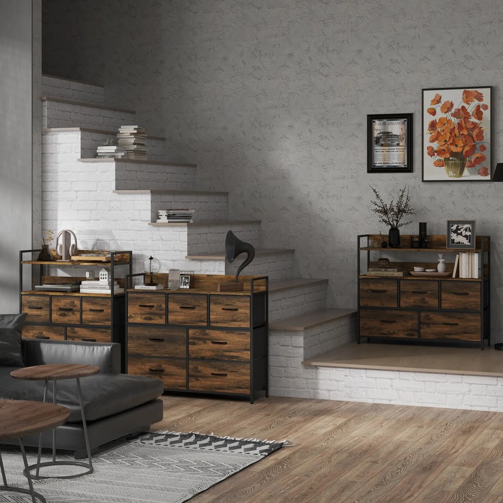 HOMCOM Dulap de Depozitare, Comodă cu 7 Sertare din Material Textil, Design Industrial, Structură din Oțel, 98x29x85cm, Maro/Negru | Aosom Romania