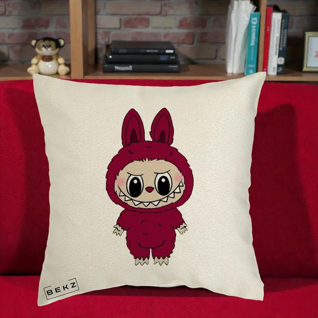 Perna Personalizata Labubu Rosu-Visiniu Solo, 40x40 cm, Ecru, Husa Detasabila, Perna Inclusa, BEKZ®
