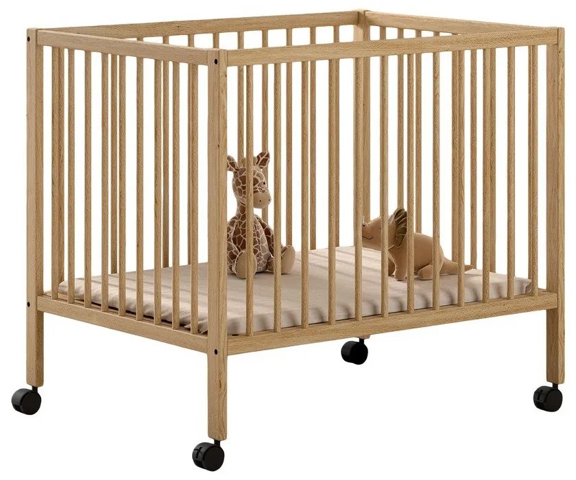 Țarc pentru copii în culoare naturală din lemn de fag cu înălțime reglabilă/cu roți 95x75 cm Dino – Vipack