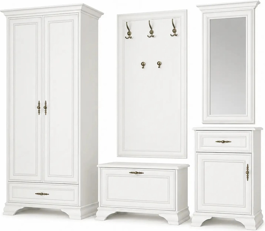 Mobilier hol cu oglinda IDENTO 2, alb, PAL melaminat, format din cuier
