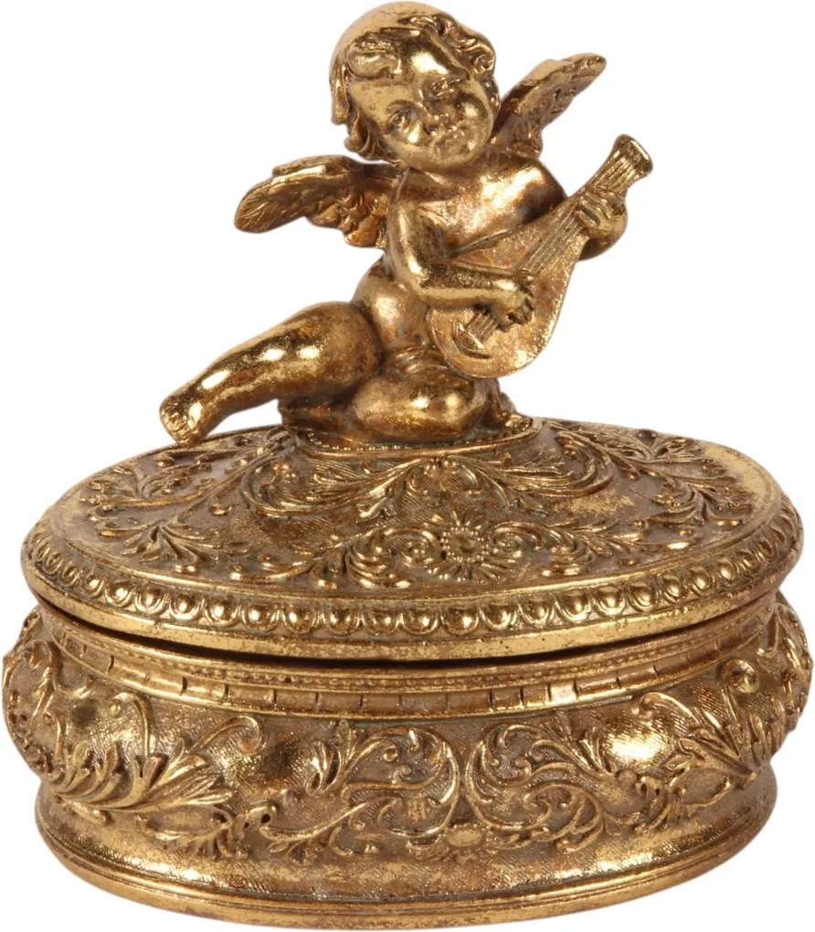 Cutie decorativă din polirășină, auriu, capac cu înger, 11,7 x 11,5 x 9,5 cm, „Chérubin”