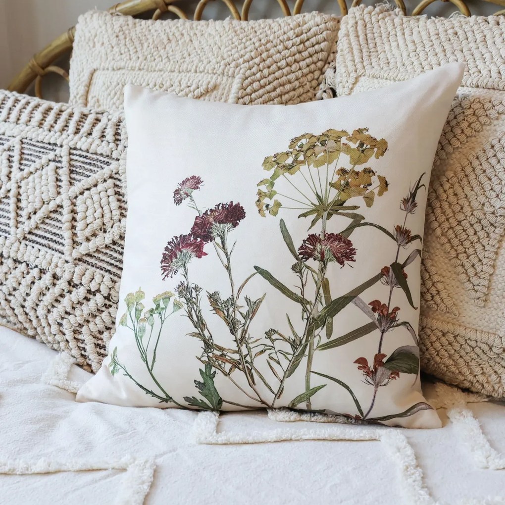 Fata de perna off white, din bumbac, model floral, 45x45cm, Aix