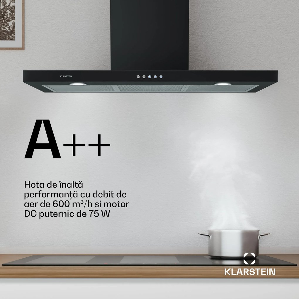 Klarstein Limelight, hotă, 90 cm, hota de perete, 600 m³ / h, neagră