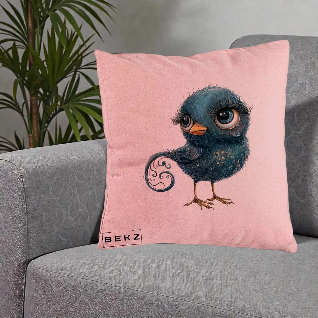 Perna Decorativa Pasare Teal cu Motive Aurii si Coada Spiralata, 40x40 cm, Roz, Husa Detasabila, Perna Inclusa, BEKZ®