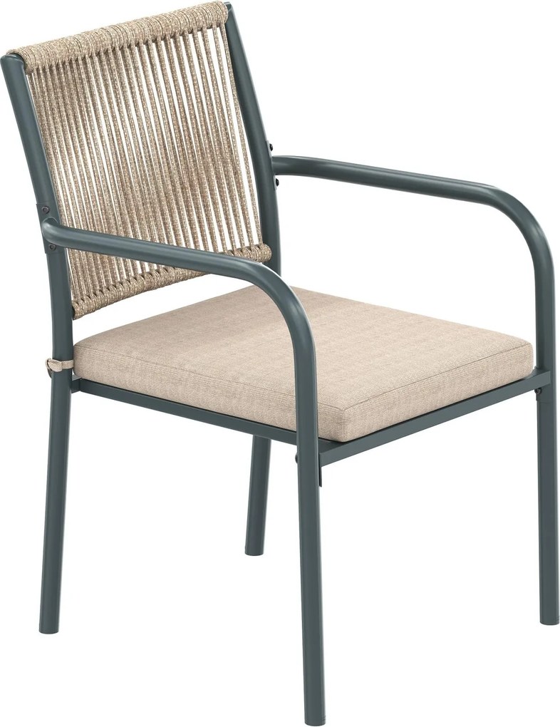 Set mobilier de grădină modern, 5 piese, masă rotundă cu blat din sticlă securizată, 4 scaune cu brațe cu spătar din sfoară, Gri