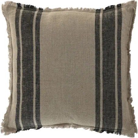 Pernă decorativă pătrată din in natural cu dungi negre și franjuri, 50 x 50 cm, 525 g, bej și negru, husă cu fermoar, „Linen Cushion Square Striped"