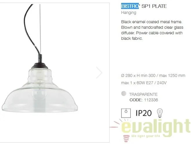 Lustra diametru 28cm, din sticla suflata manual, BISTRO SP1 PLATE 112336