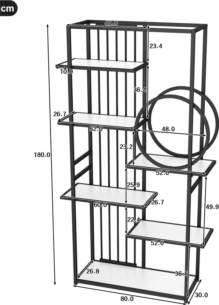 Raft metalic în stil modern, design pe mai multe niveluri cu șase rafturi, 100x30x180 cm, Alb + Negru