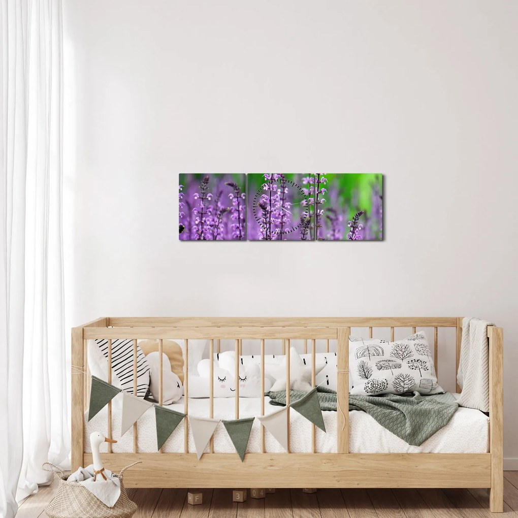 Tablou cu flori de luncă violete (cu ceas) (90x30 cm)