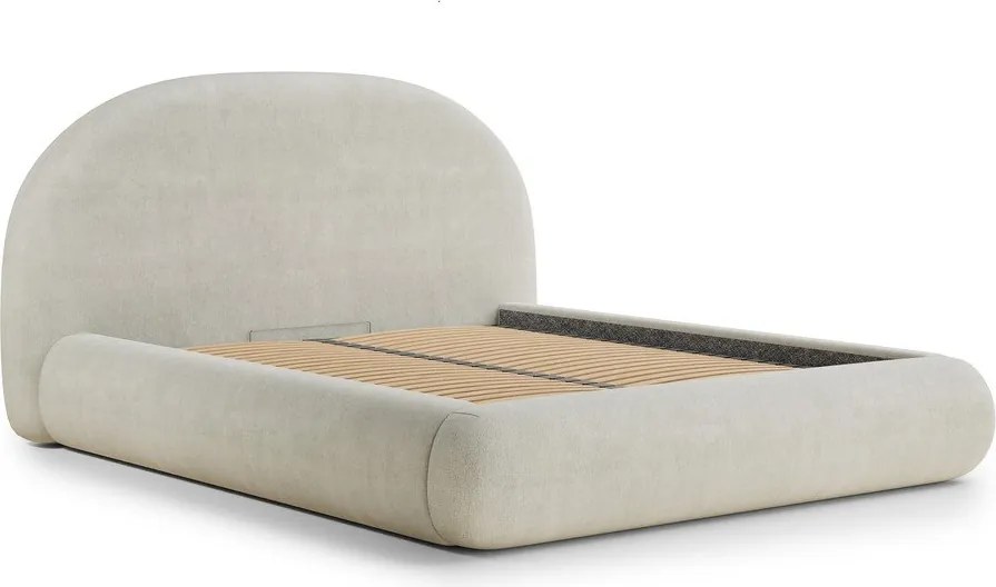 Pat matrimonial crem tapițat cu spațiu de depozitare cu somieră 160x200 cm Maumere – Maison de Rêve