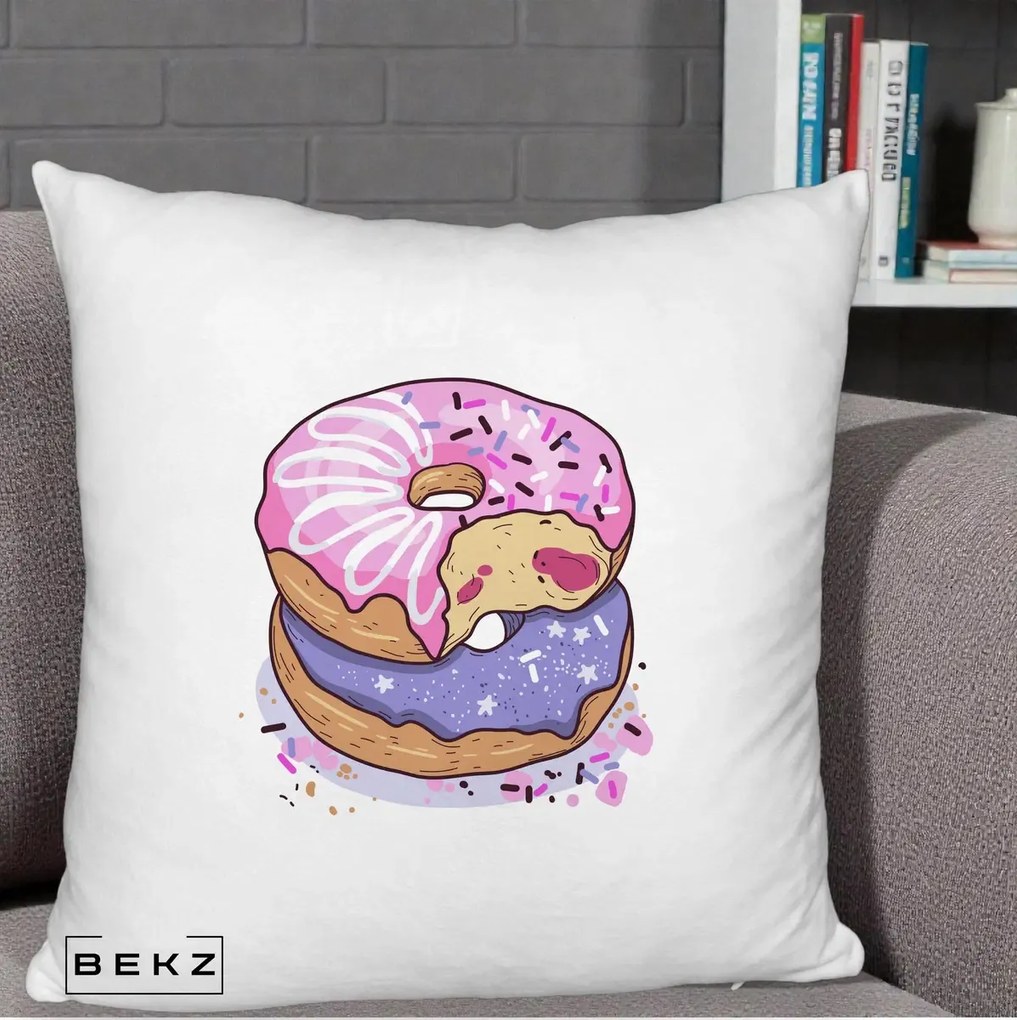 Perna Decorativa Donuts Roz si Mov, 40x40 cm, Alb Pufos, Husa Detasabila, Perna Inclusa, BEKZ®