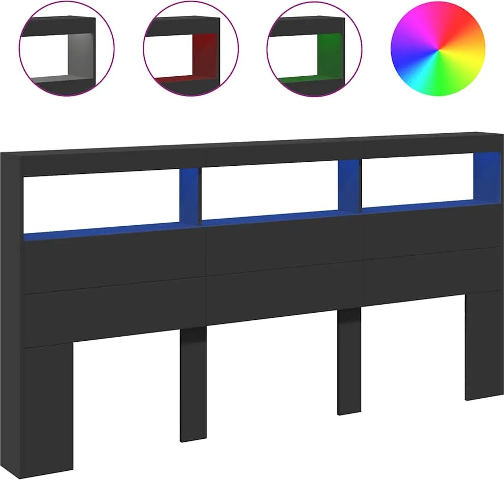 vidaXL Tăblie cu dulap și LED, negru, 200x17x102 cm