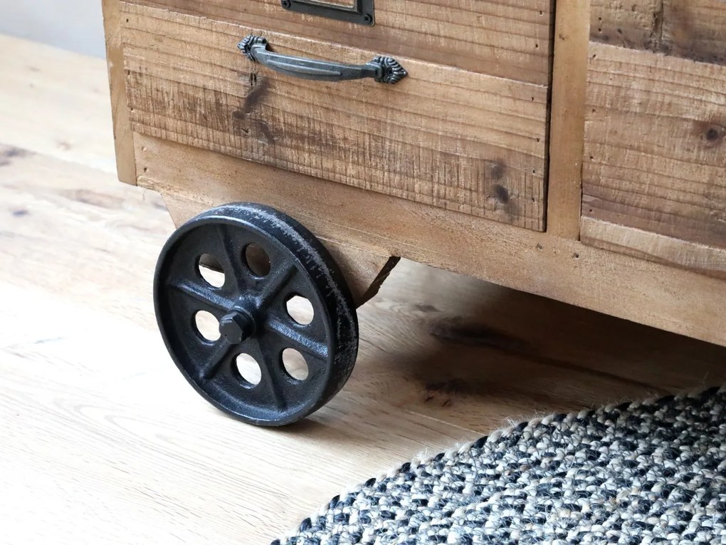 Consola din lemn masiv, cu sertare si roti, aspect rustic