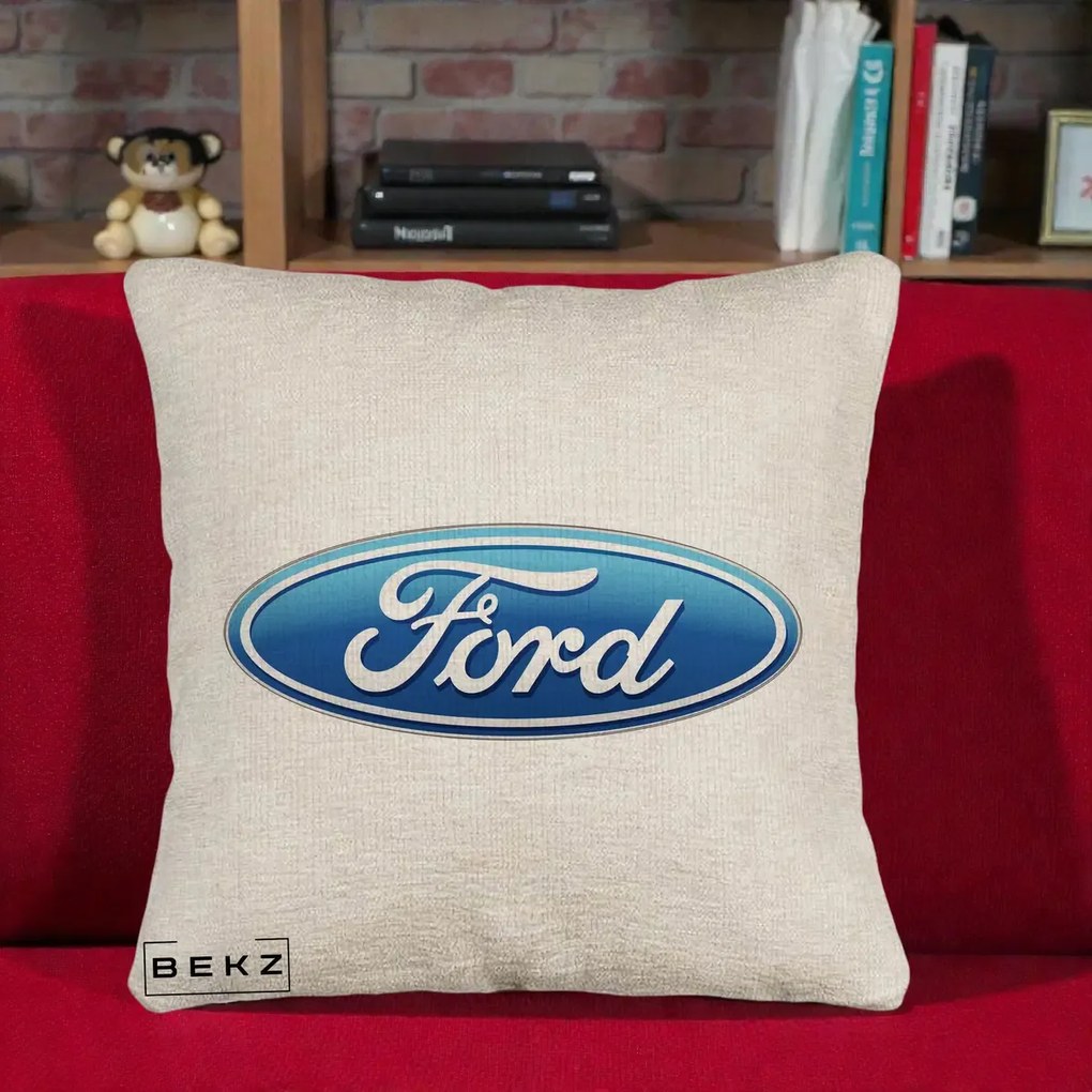 Perna Personalizata cu emblema Ford, 40x40 cm, Bej Canapea, Husa Detasabila, Perna Inclusa, BEKZ®