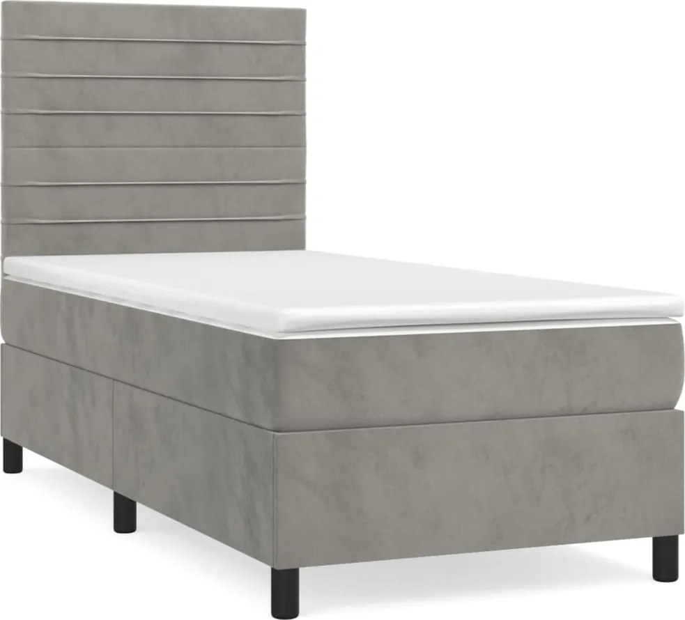 vidaXL Pat box spring cu saltea, gri deschis, 90x200 cm, catifea