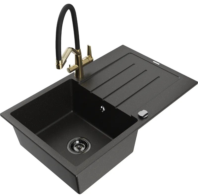 Mexen Bruno chiuvetă de granit cu 1 compartiment cu scurgător și baterie de bucătărie Duo, negru/auriu metalizat - 6513-75-67170