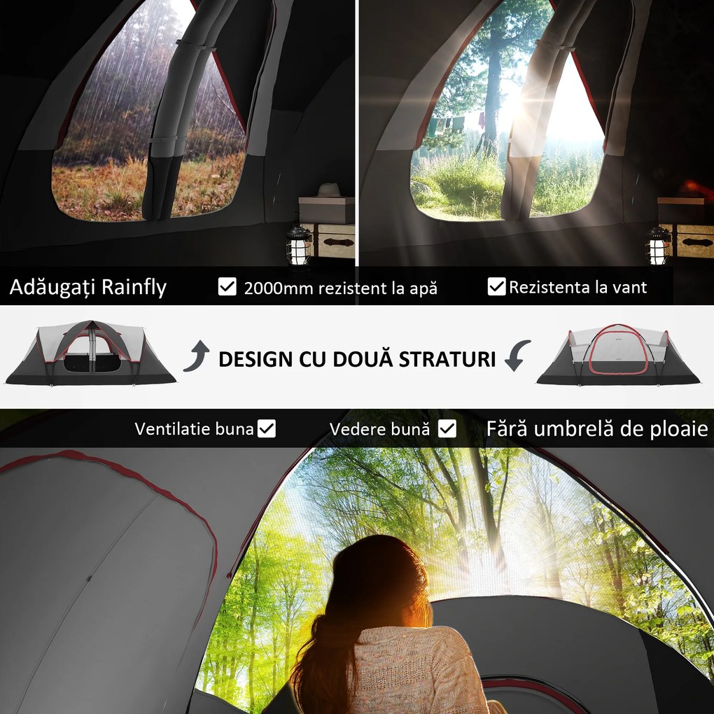Outsunny Cort de Camping pentru 6-8 Persoane cu 2 Camere Separate și Uși cu Fermoar, 450x215x180 cm, Gri | Aosom Romania
