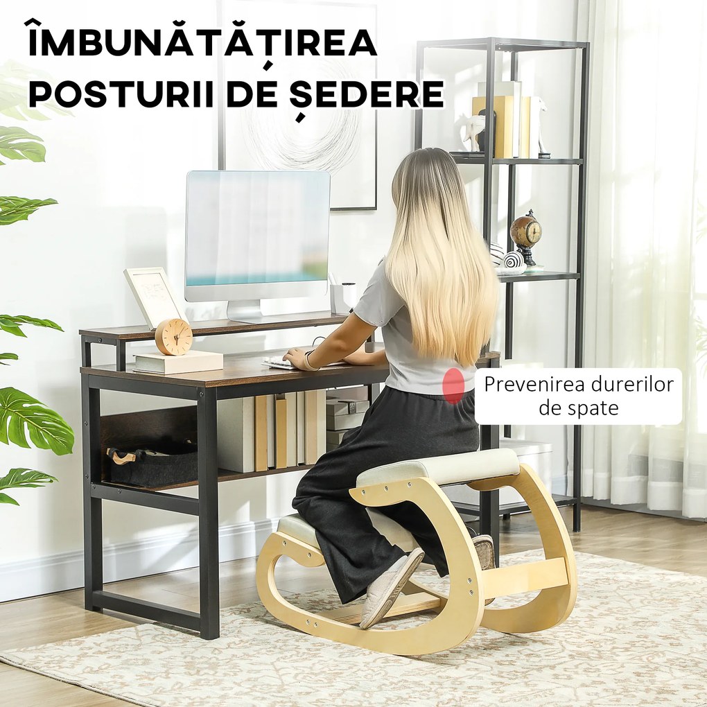 HOMCOM Scaun Ergonomic Postural din Material Textil, Scaun pentru Genunchi cu Mișcare de Legănare, 55x85x55 cm, Alb Crem | Aosom Romania