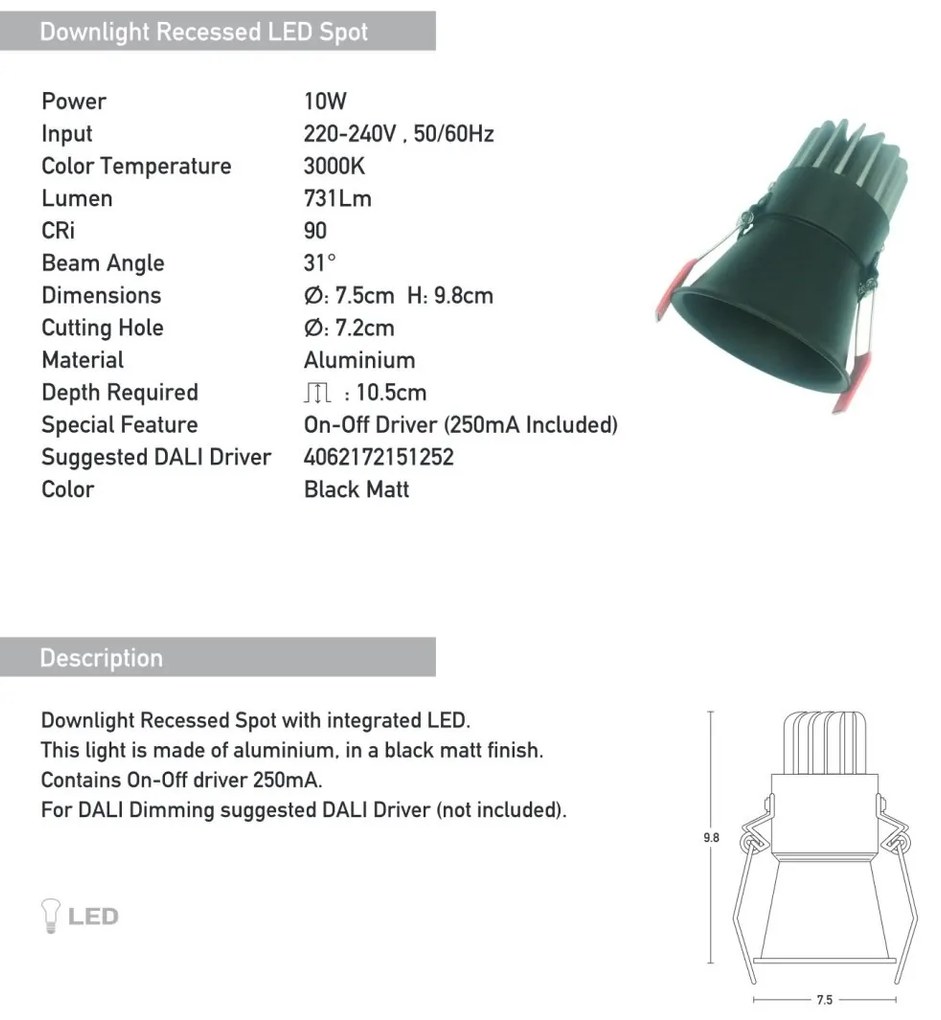 Spot LED incastrabil Trimless negru 10W 3000K