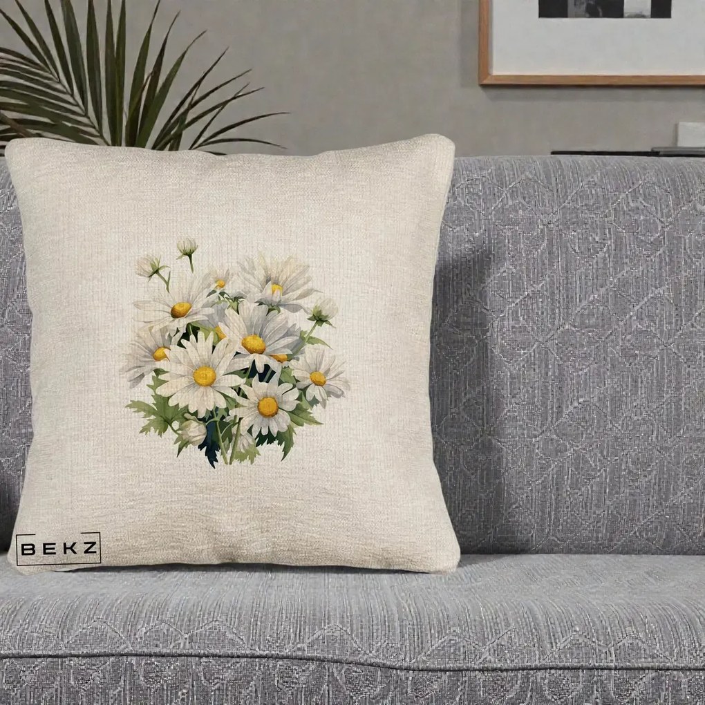 Perna Decorativa Buchet Margarete Albe Acuarela, 40x40 cm, Bej Canapea, Husa Detasabila, Perna Inclusa, BEKZ®