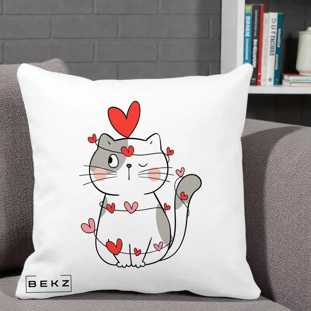 Perna Decorativa Pisica Kawaii cu Inimi, 40x40 cm, Alba Mata, Husa Detasabila, Perna Inclusa, BEKZ®