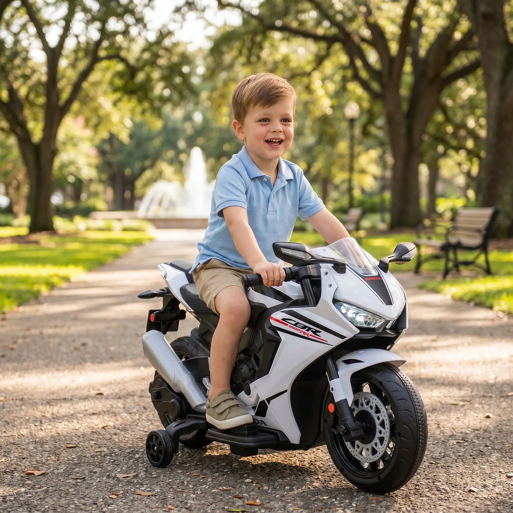 HOMCOM Motocicletă Electrică pentru Copii cu Baterie Reîncărcabilă de 6V, Viteză 3 km/h și Muzică, 90x44x52 cm, Alb | Aosom Romania