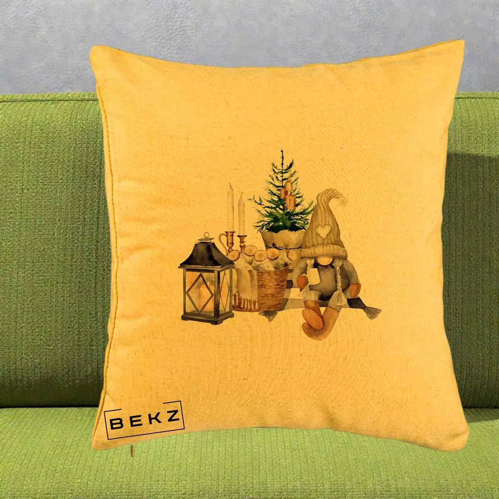 Perna Decorativa Gnom Scandinav cu Felinar, 40x40 cm, Galben, Husa Detasabila, Perna Inclusa, BEKZ®