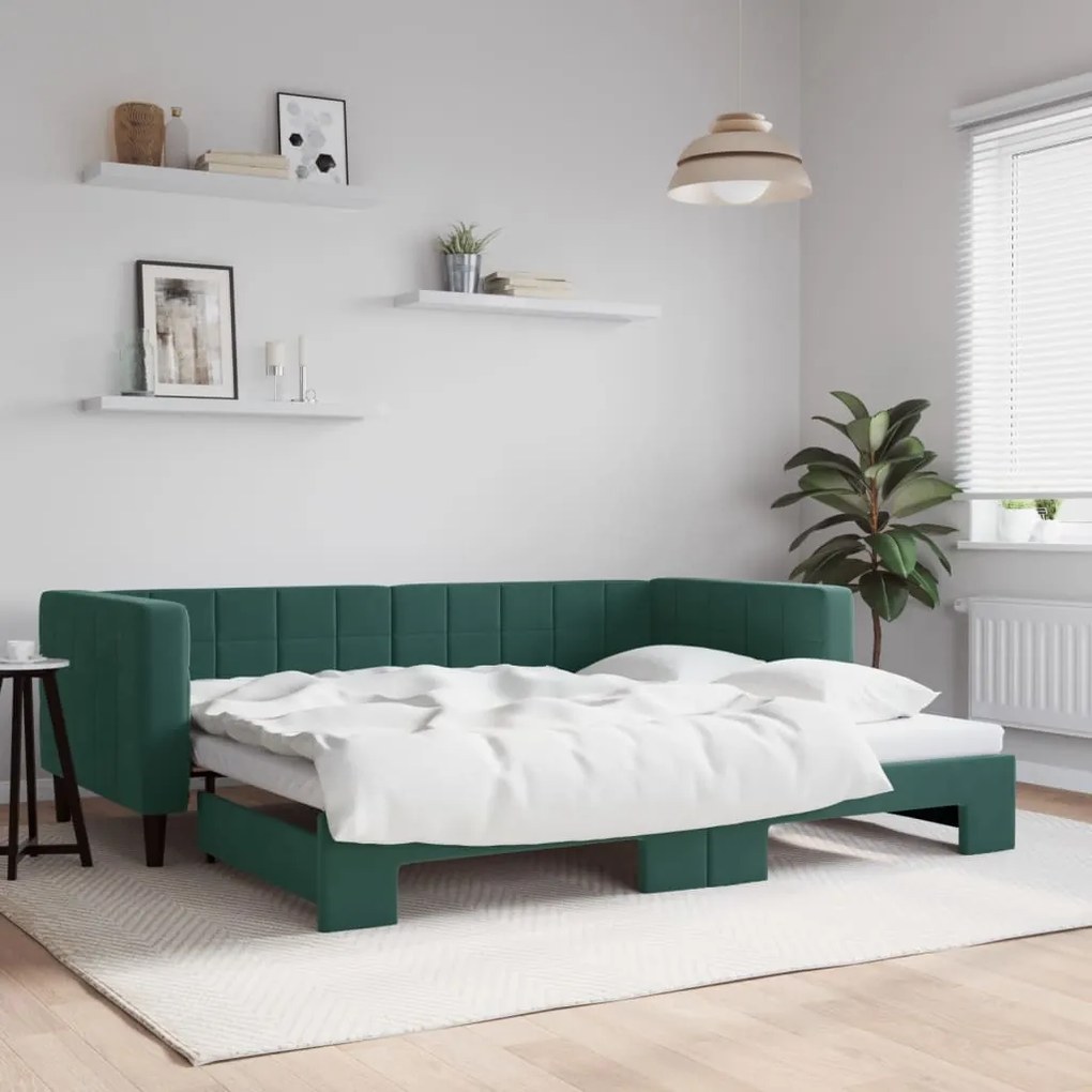 vidaXL Pat de zi cu extensie, verde închis, 90x200 cm, catifea